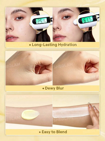Product advertisement showing skin hydration, temperature measurement, and application on arm with text 'Long-Lasting Hydration', 'Dewy Blur', and 'Easy to Blend'.