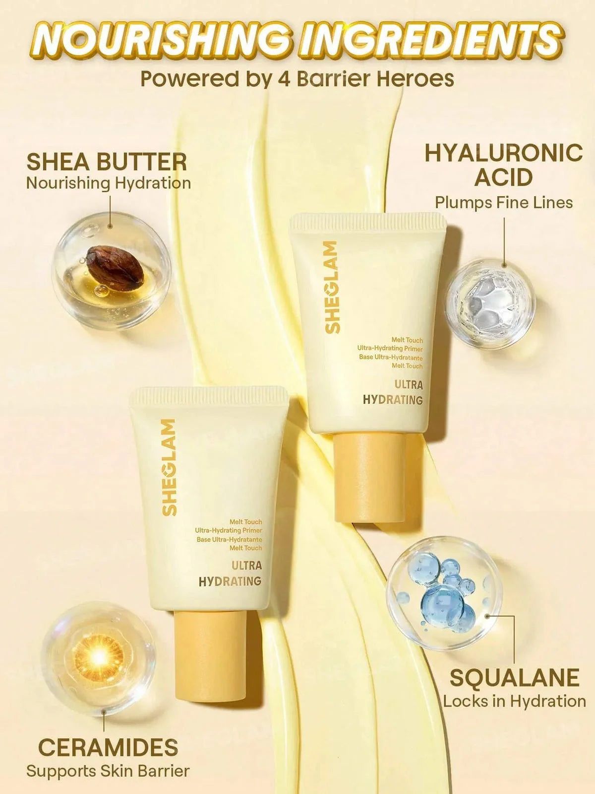 Sheolam ultra hydrating skincare products with nourishing ingredients on a yellow background