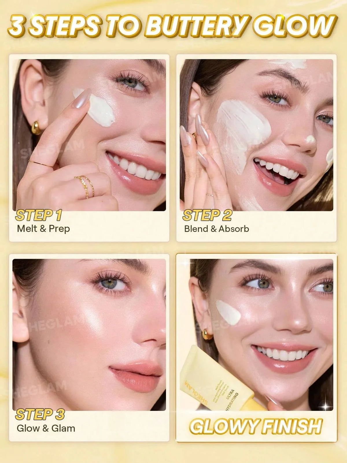 Step-by-step skincare routine with a woman applying cream to her face, labeled '3 Steps to Buttery Glow'.