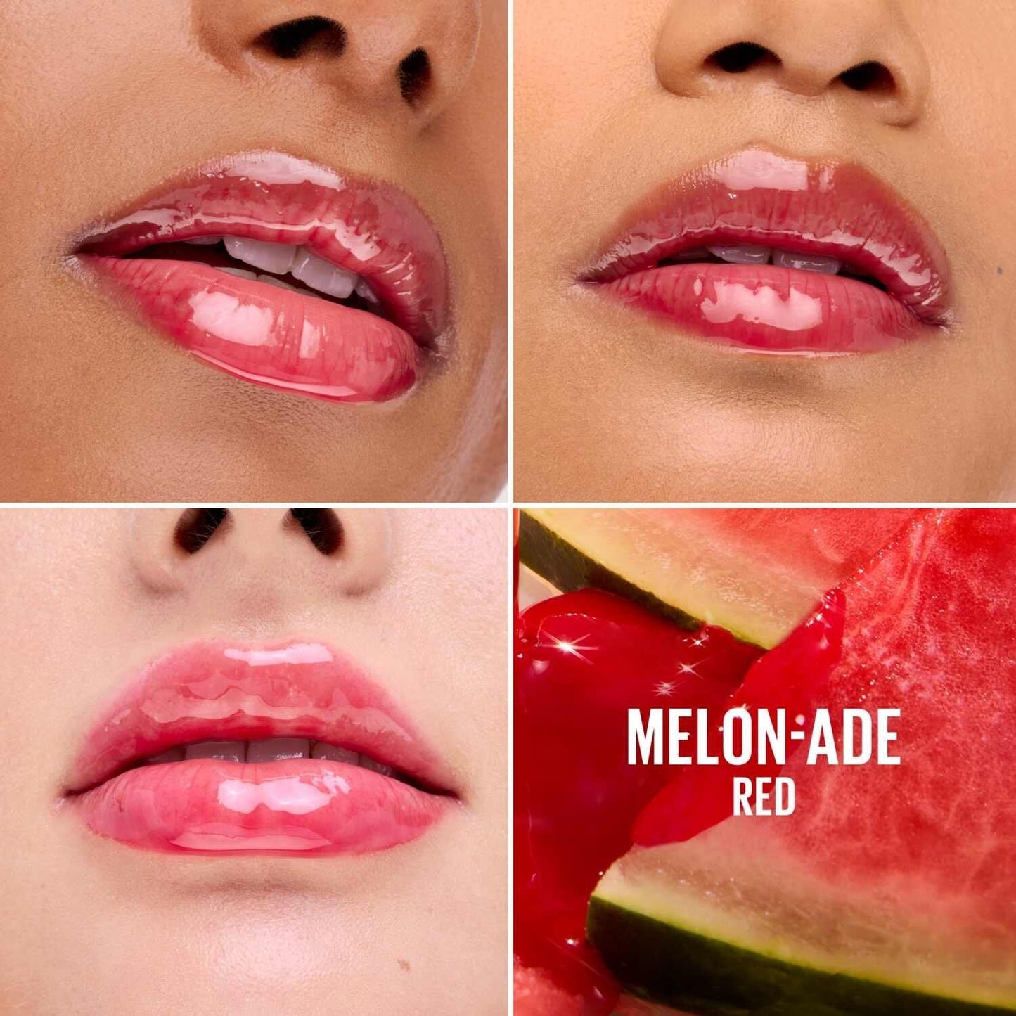 Close-up of lips with a watermelon slice labeled 'Melon-Ade Red' on a beige background.