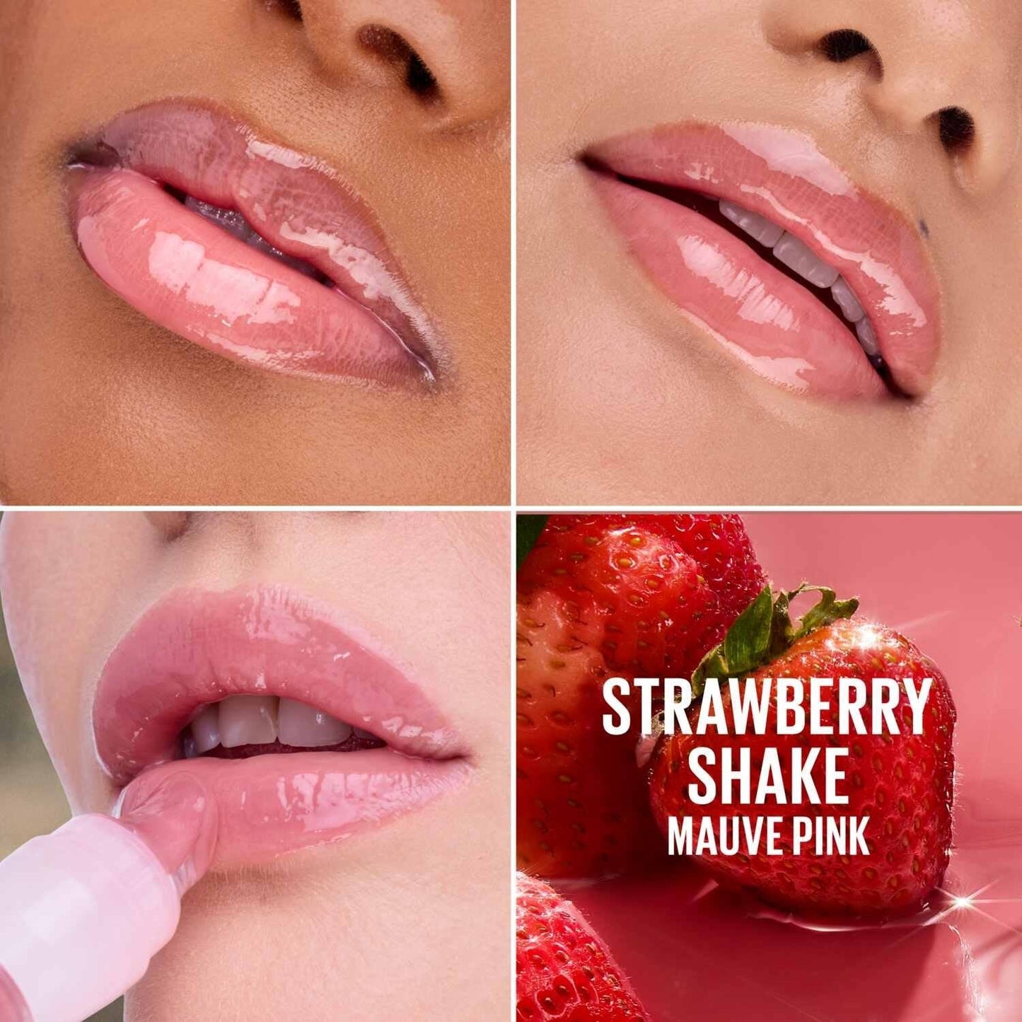 Collage of a woman's lips wearing pink lipstick with a strawberry and 'Strawberry Shake Mauve Pink' text.