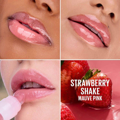 Collage of a woman's lips wearing pink lipstick with a strawberry and 'Strawberry Shake Mauve Pink' text.