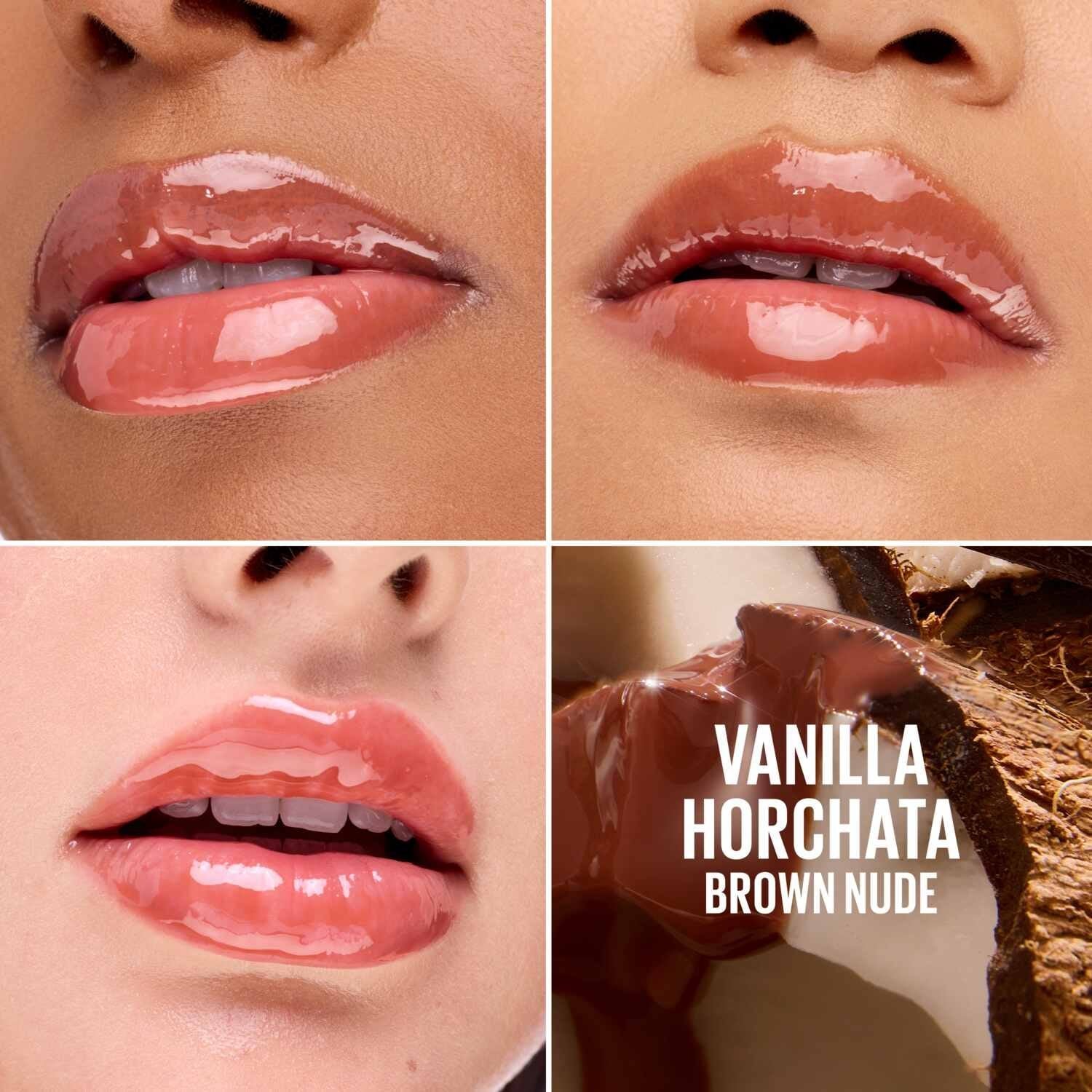 Collage of a person's lips wearing a 'Vanilla Horchata Brown Nude' lipstick with a close-up of chocolate.