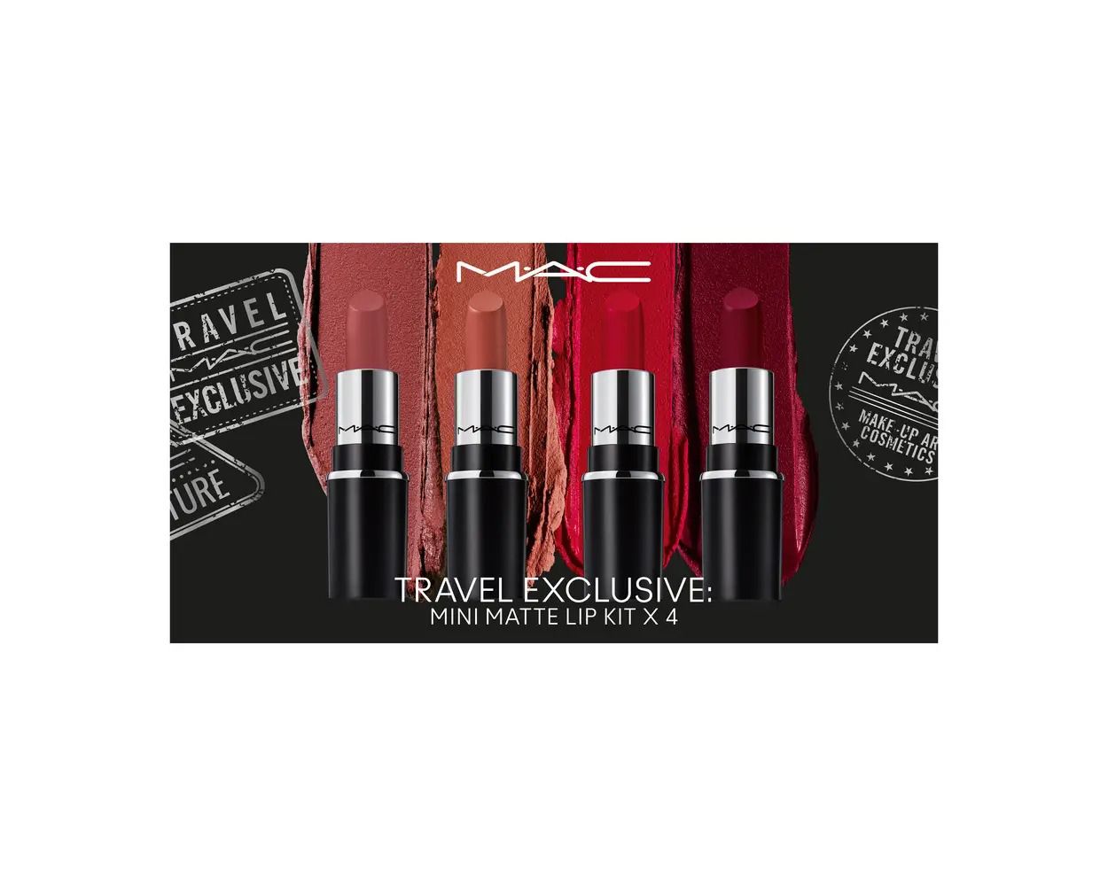 MAC travel exclusive mini matte lip kit packaging with four lipsticks on a black background.