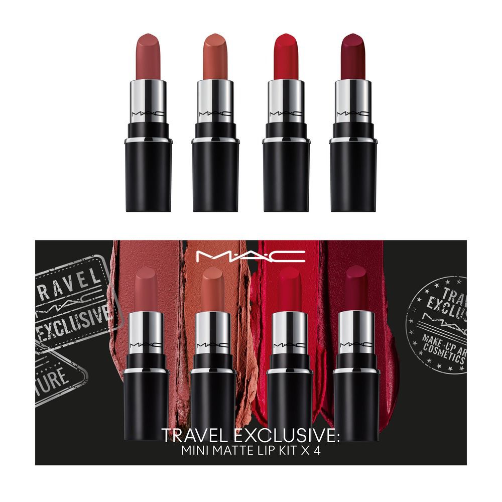 Set of four MAC lipsticks with a promotional box in the background