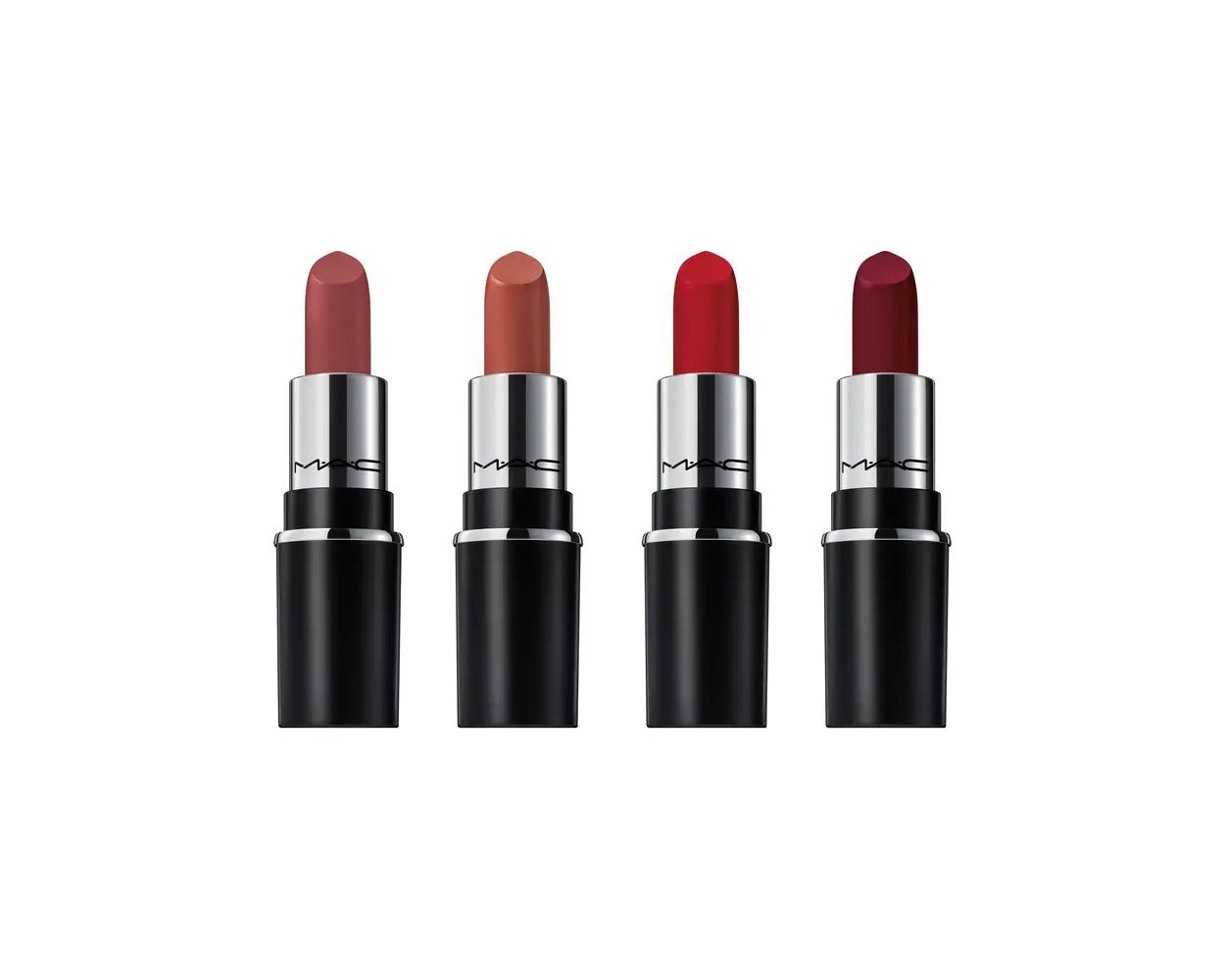 Four MAC lipsticks in different shades on a white background