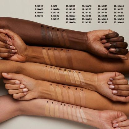 Swatch chart of foundation shades on arms with corresponding numbers.