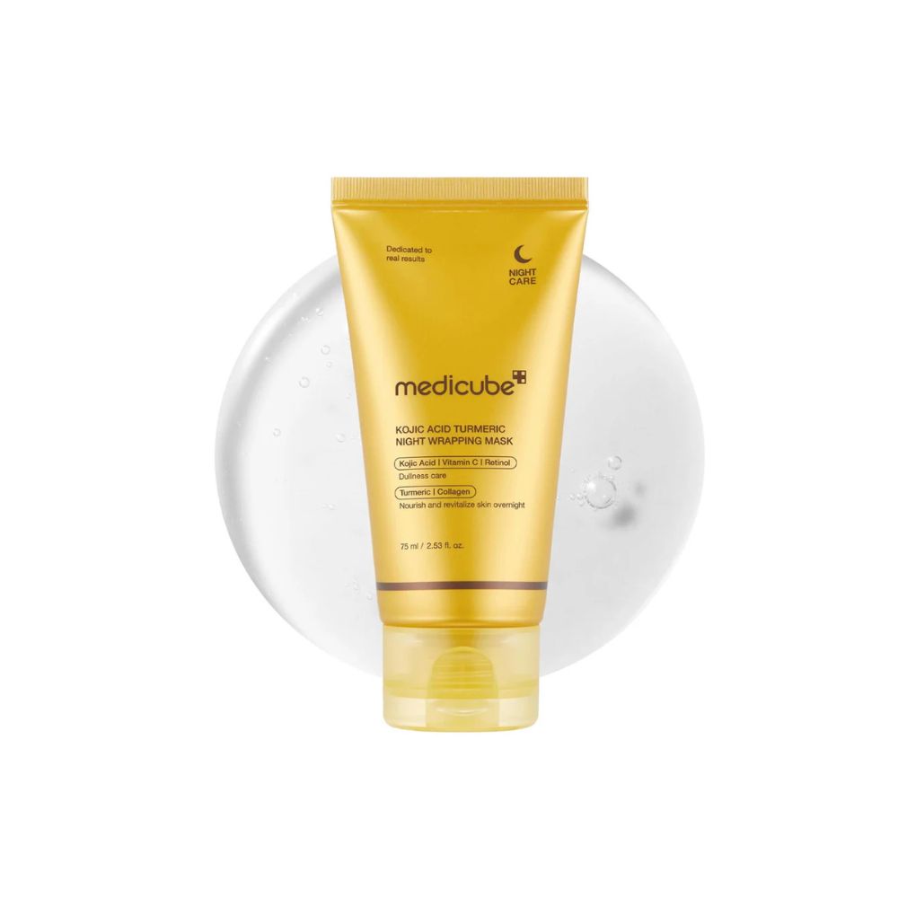 Gold tube of Medicube product on a white background