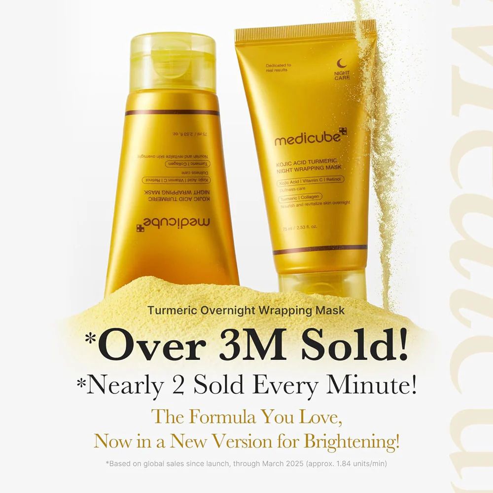 Two bottles of Medicube Turmeric Overnight Wrapping Mask on a white background with text highlighting sales figures.