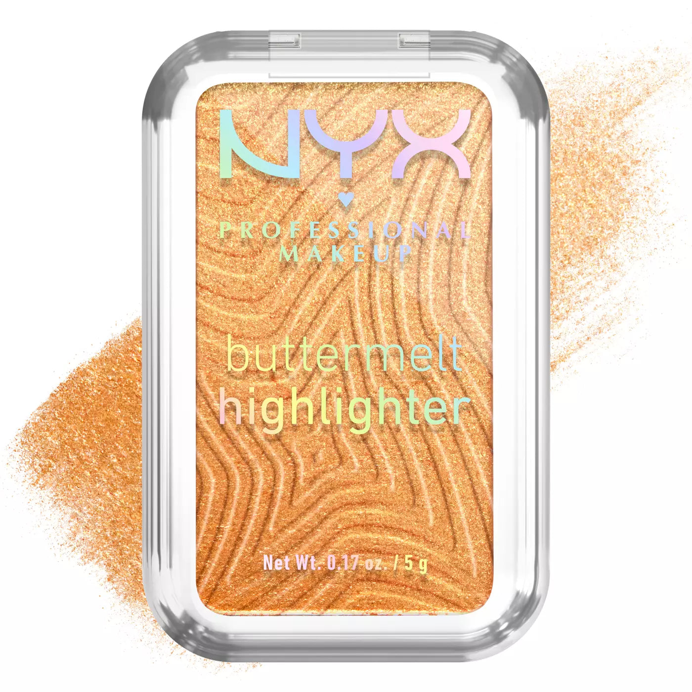 NYX Professional Makeup buttermelt highlighter with gold color swatch on a white background