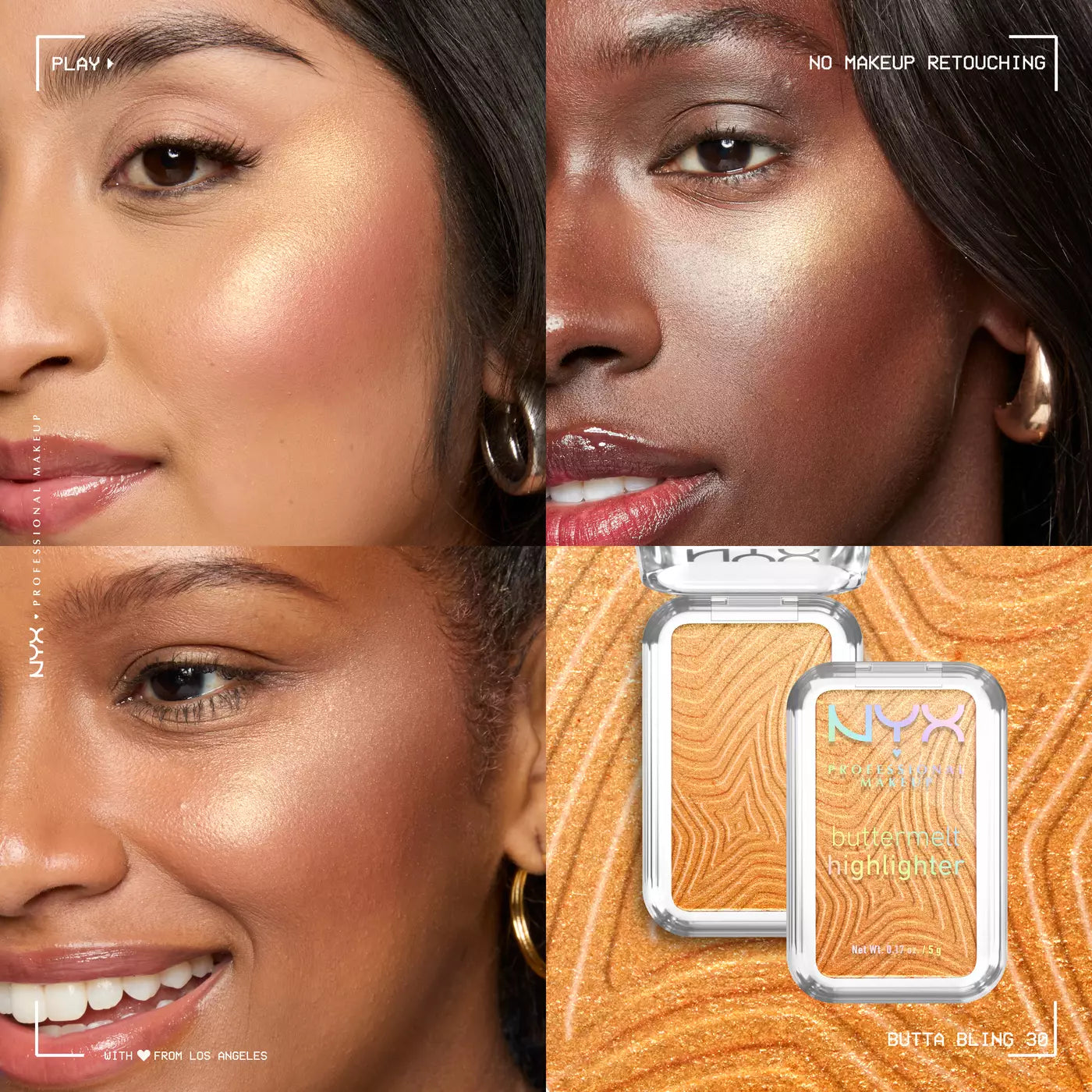 Split-screen comparison of two women's faces with a NYX product in the corner.