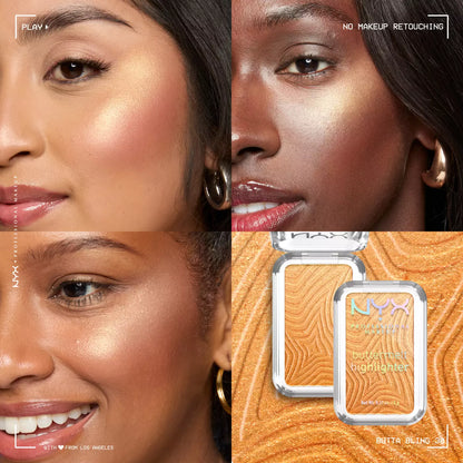Split-screen comparison of two women's faces with a NYX product in the corner.