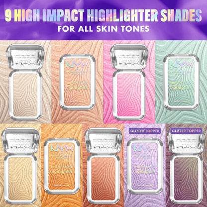 MAC high impact highlighter shades with colorful packaging on a gradient background