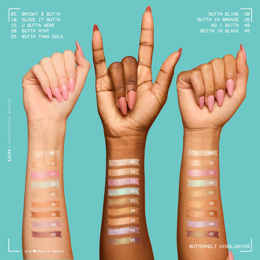Hand swatches of a makeup product on different skin tones against a teal background