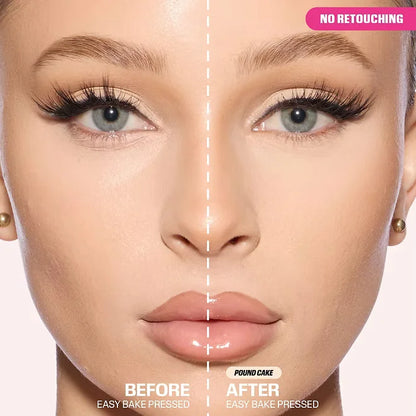 Close-up of a woman's face showing a before-and-after comparison of makeup application on the nose and lips, with text reading 'NO TOUCHING', 'BEFORE', 'AFTER', and 'POUND CAKE EASY BAKE PRESSED'.