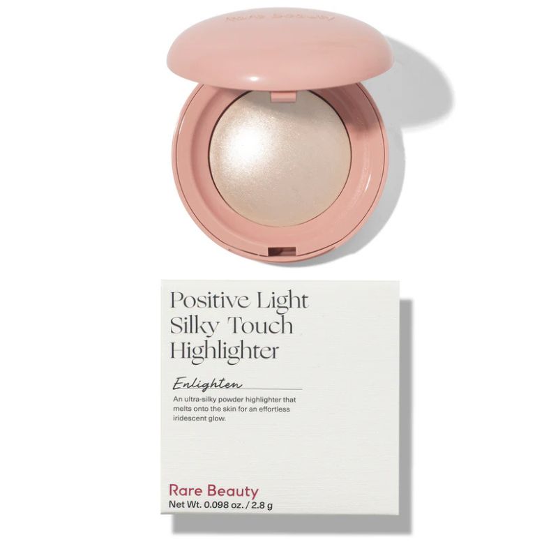 Rare Beauty Positive Light Silky Touch Highlighter with packaging on a white background