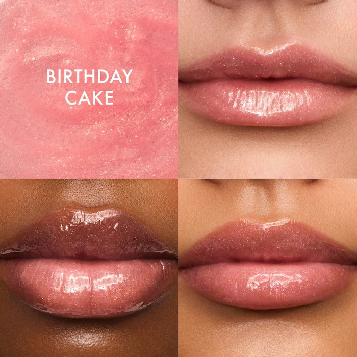 Lipstick shade 'Birthday Cake' applied to lips on different skin tones.