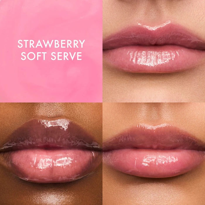 Lip gloss shade 'Strawberry Soft Serve' applied to lips with a pink background