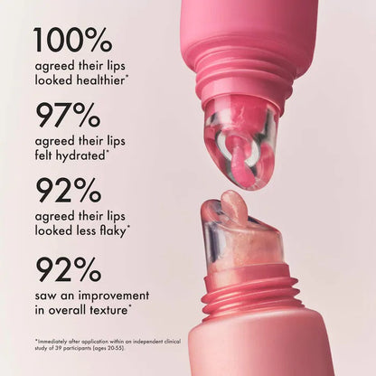Pink lip balm with text showing user feedback on product effectiveness.