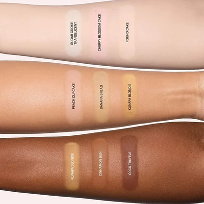 Three forearm swatches display makeup color swatches labeled 'Double Cone Translucent', 'Cherry Blossom Cake', 'Pound Cake', 'Peachy Cupcake', 'Banana Bread', 'Kumara Blonde', 'Kumara Blonde', 'Cinnamon Skin', and 'Cocoa Truffle'.
