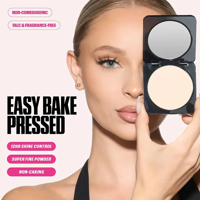 Woman holding a makeup compact with 'Easy Bake Pressed' text and product features on a white background