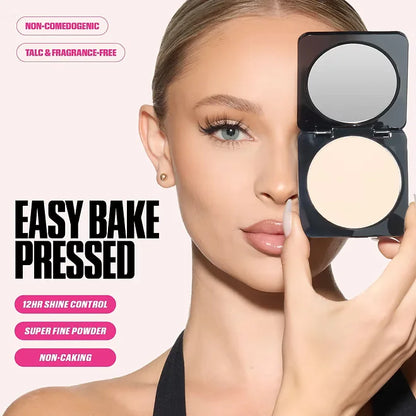 Woman holding a makeup compact with 'Easy Bake Pressed' text and product features on a white background