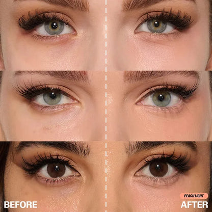 Before and after comparison of eye makeup application on a person's face.