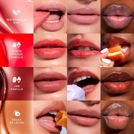 Collage of lips with different shades and a person eating an orange.