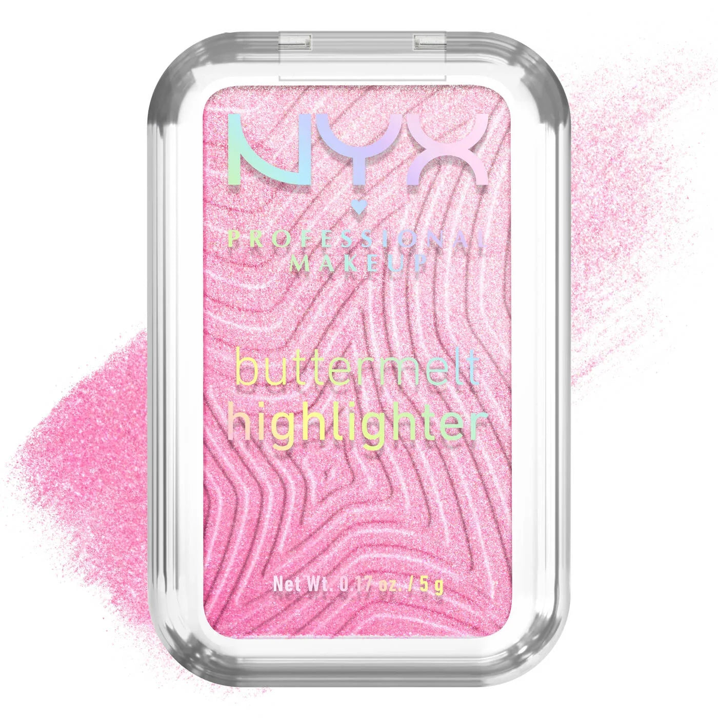 NYX Professional Makeup buttermelt highlighter with pink and white design on a white background