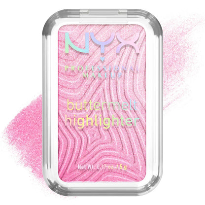 NYX Professional Makeup buttermelt highlighter with pink and white design on a white background