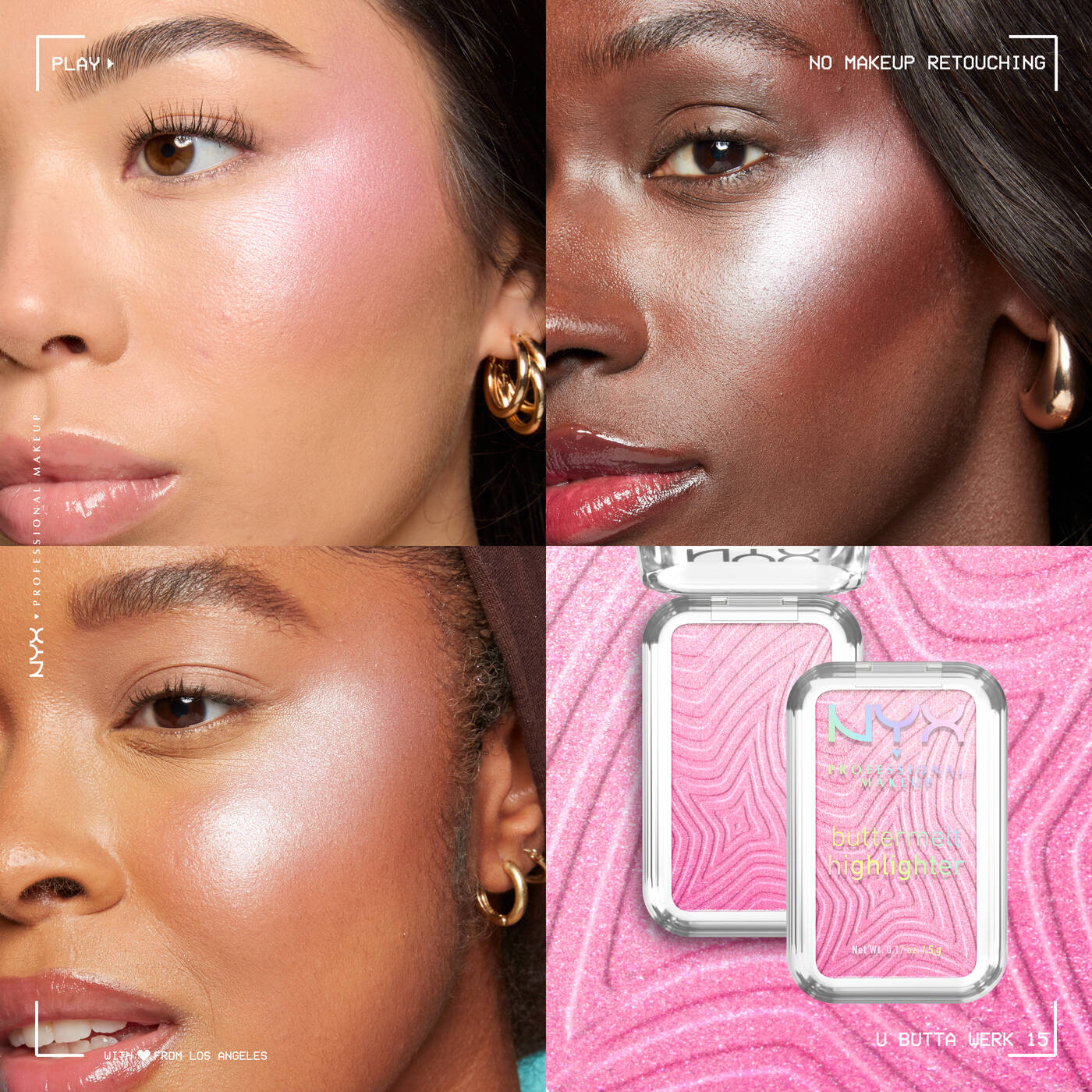 Collage of a woman with makeup and a pink compact, with 'NYX' branding.