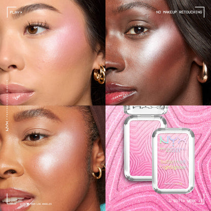 Collage of a woman with makeup and a pink compact, with 'NYX' branding.