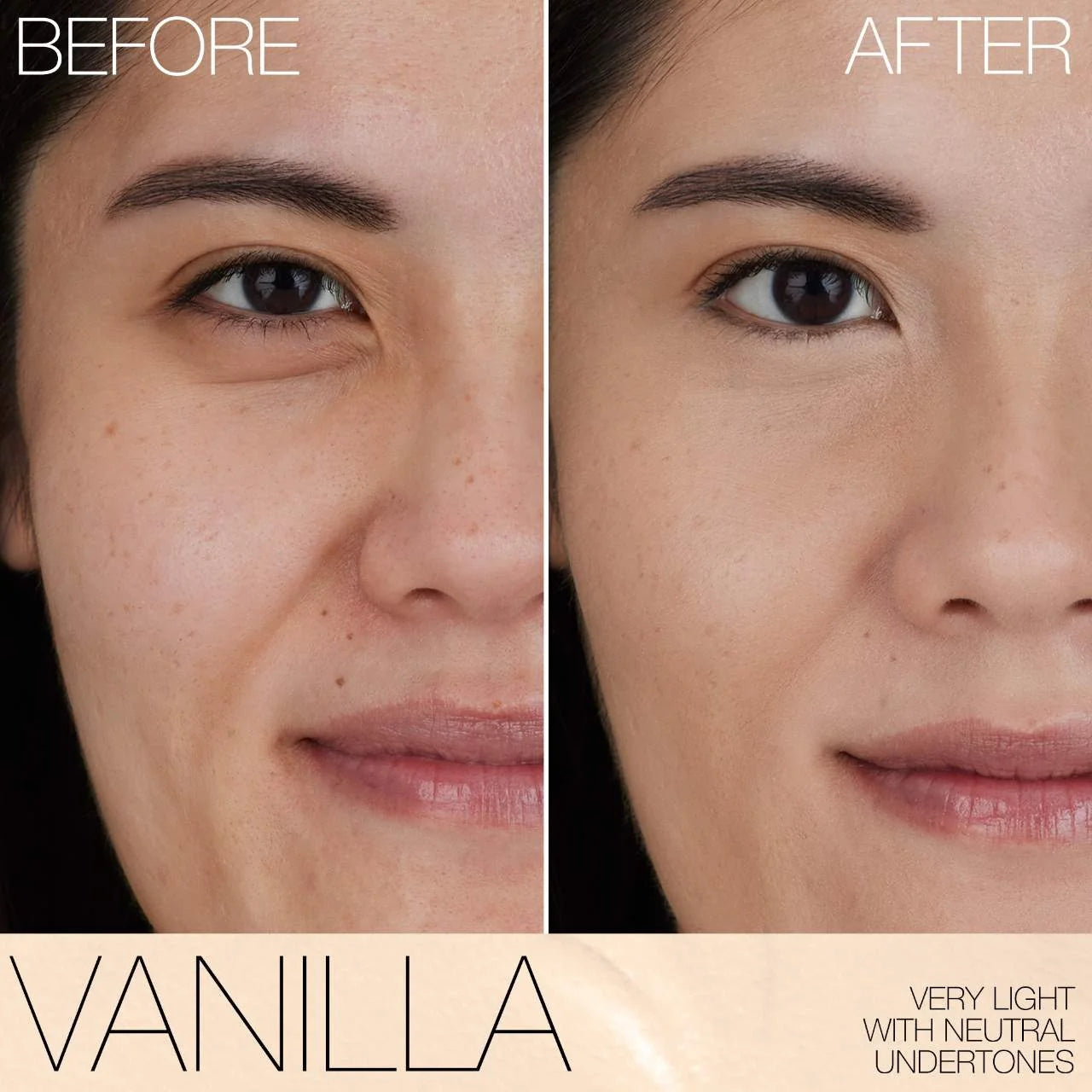 Before and after comparison of skin tone with 'Vanilla' label indicating very light skin tone.