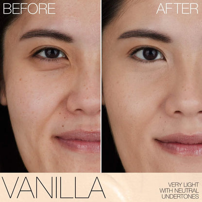 Before and after comparison of skin tone with 'Vanilla' label indicating very light skin tone.
