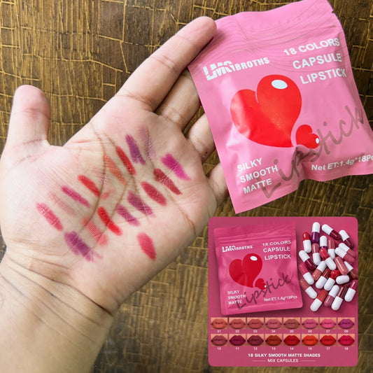 A hand holding a pink packet of Lip Martening 18 Colors Capsule Lipstick, with lipstick swatches painted on the palm and a smaller inset showing the capsule contents and palette.
