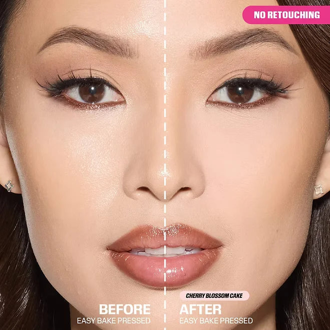 Before and after comparison of a makeup product on a person's face with 'No Retouching' label.