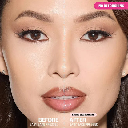 Before and after comparison of a makeup product on a person's face with 'No Retouching' label.