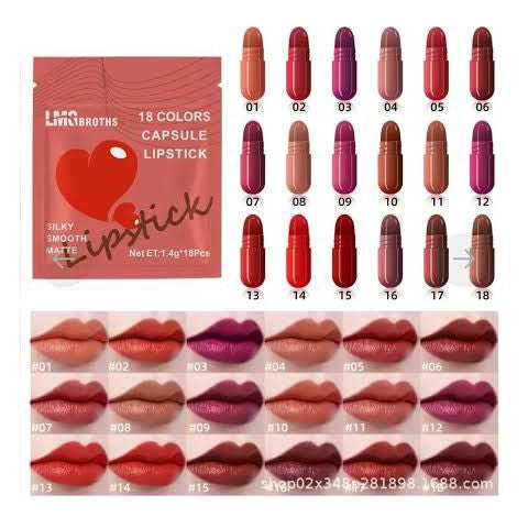 A 18-color lipstick shade chart and packaging card from Lip Brothers. The image shows a pink packaging sleeve on the left, 18 individual lipstick bullet caps arranged in rows on the right, and 18 lip swatches at the bottom displaying the lipstick color results on models.