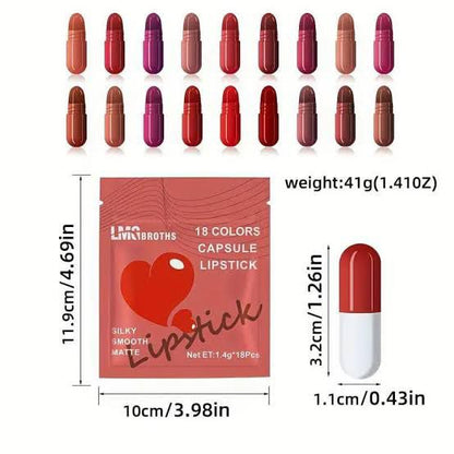 LMA Broths 18-color capsule lipstick set shown with a red packet, dimension measurements, and a single red-and-white capsule on a white background.