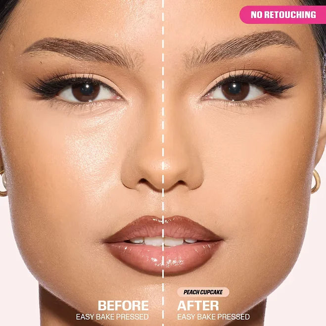 Before and after comparison of a makeup product on a person's face with 'No Retouching' label.